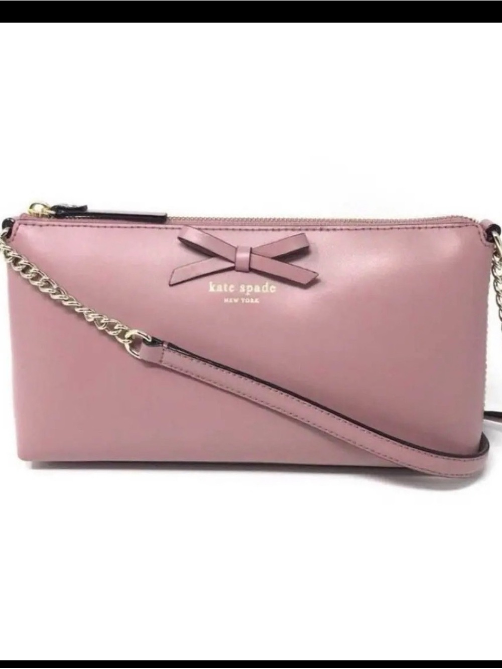 kate spade mauve pink leather bow crossbody with gold chain